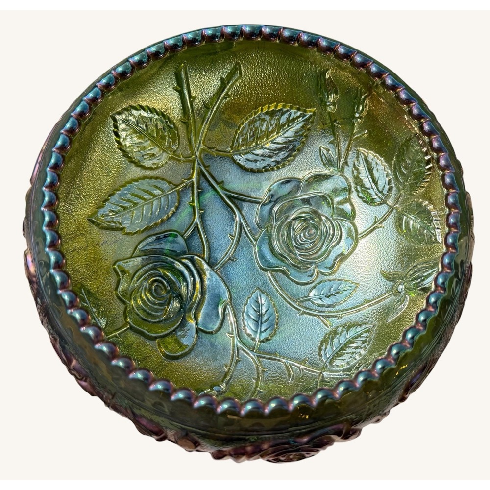 Vintage Imperial Glass Helios Green Carnival Glass Open Rose Bowl Iridescent - Picture 4 of 9